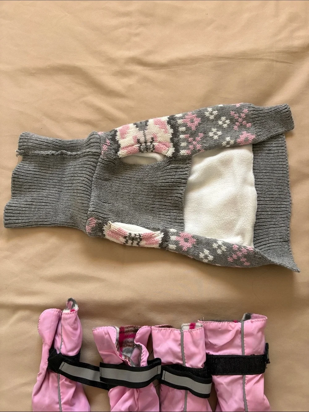 Gray & Pink Fair Isle Dog Sweater with Pink Waterproof Booties